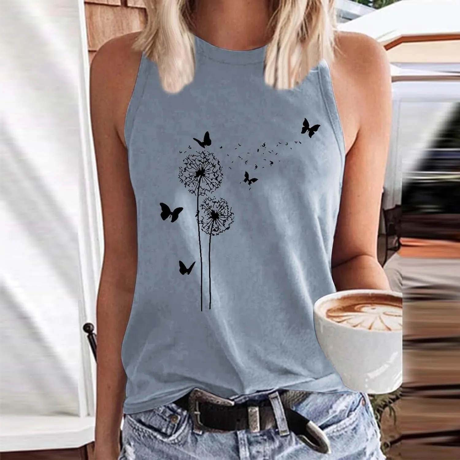 Women's Tank Tops Round Neck Sleeveless Dandelion Butterfly Graphic Tees Casual Loose Fit Summer Shirt 2025