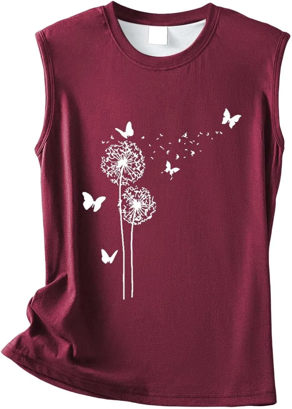 Women's Tank Tops Round Neck Sleeveless Dandelion Butterfly Graphic Tees Casual Loose Fit Summer Shirt 2025