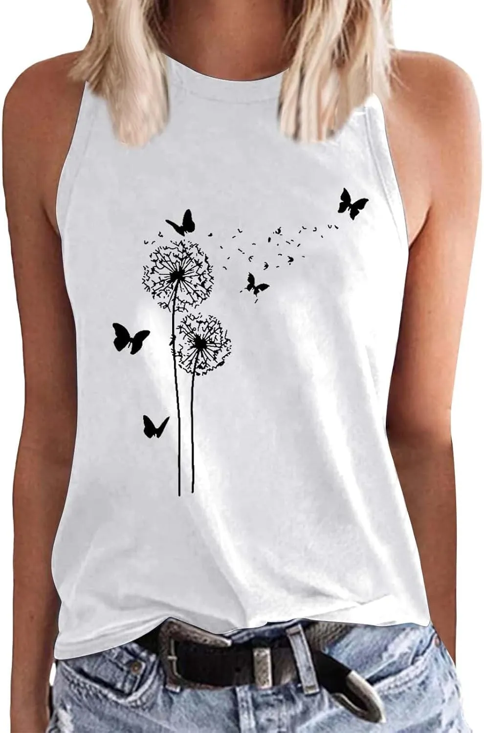 Women's Tank Tops Round Neck Sleeveless Dandelion Butterfly Graphic Tees Casual Loose Fit Summer Shirt 2025