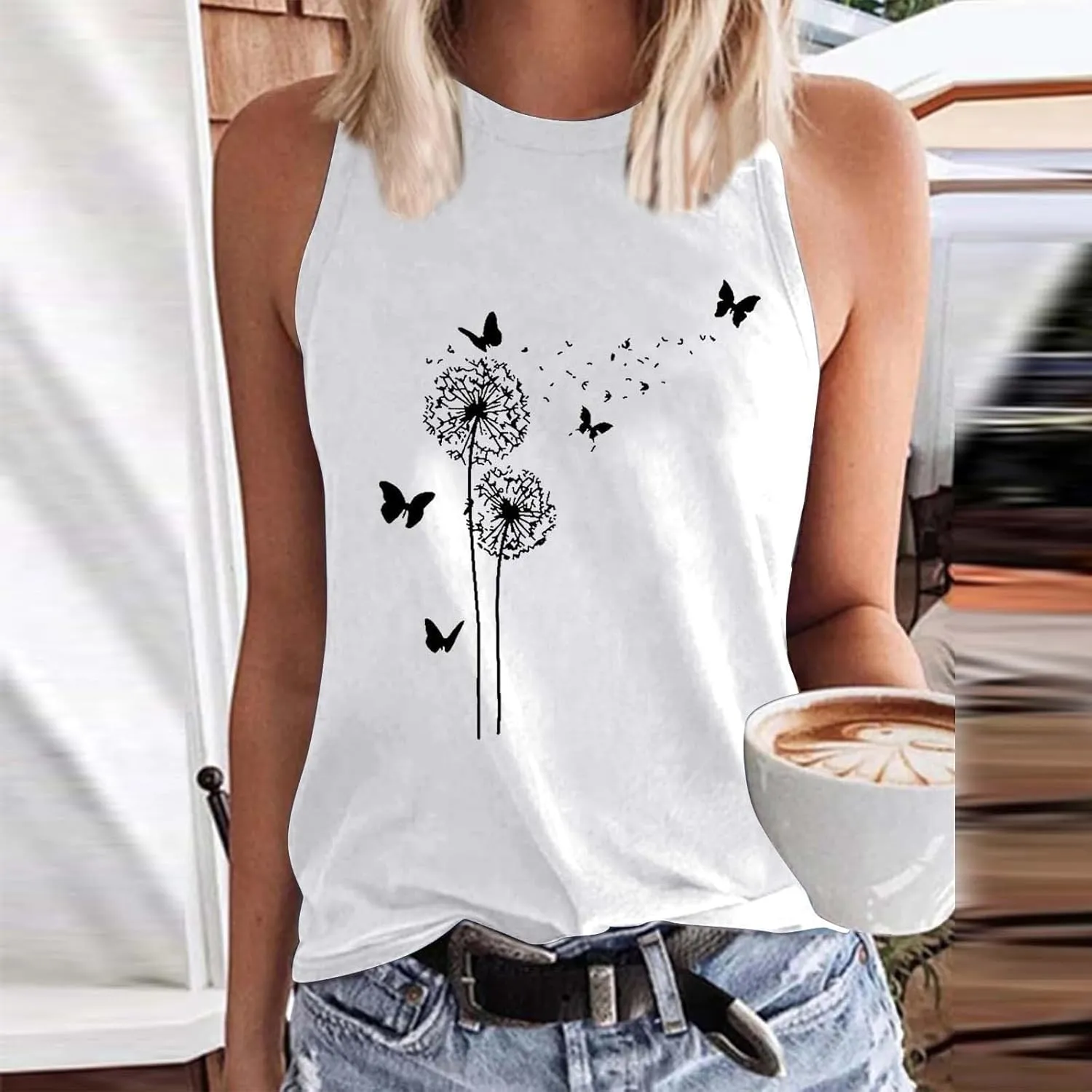Women's Tank Tops Round Neck Sleeveless Dandelion Butterfly Graphic Tees Casual Loose Fit Summer Shirt 2025