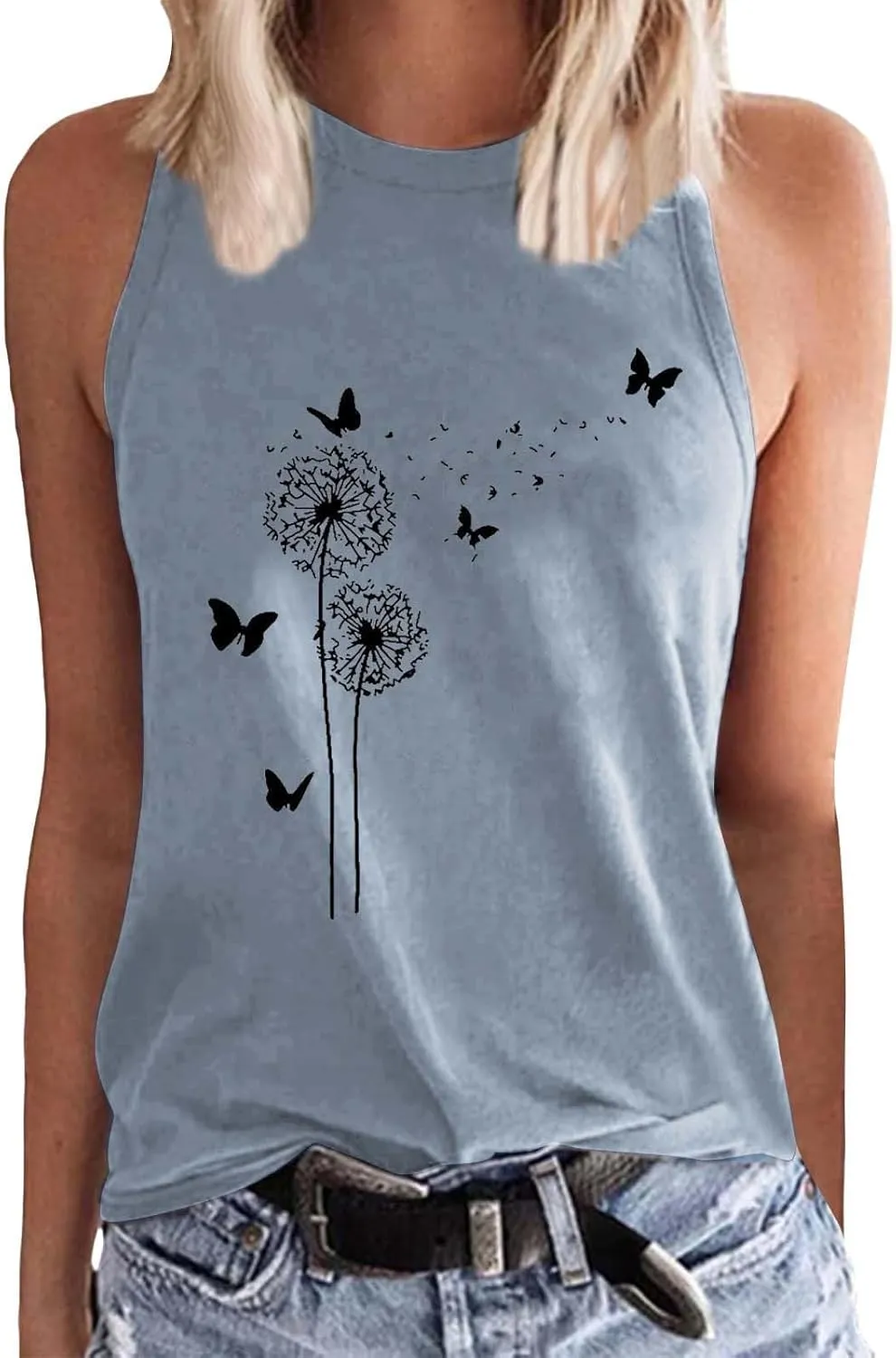 Women's Tank Tops Round Neck Sleeveless Dandelion Butterfly Graphic Tees Casual Loose Fit Summer Shirt 2025