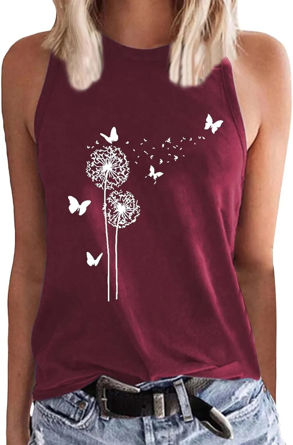 Women's Tank Tops Round Neck Sleeveless Dandelion Butterfly Graphic Tees Casual Loose Fit Summer Shirt 2025