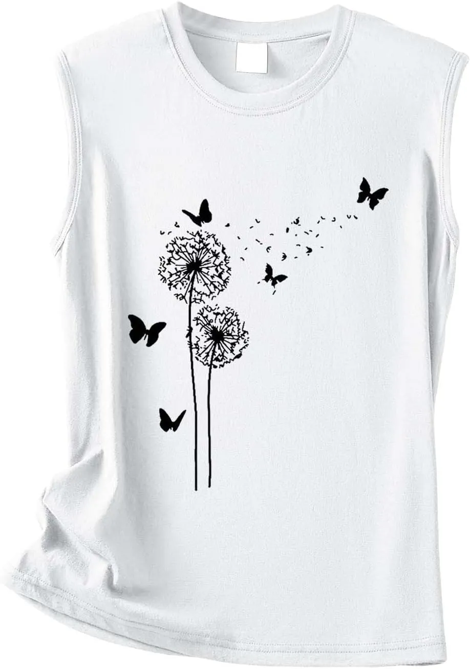 Women's Tank Tops Round Neck Sleeveless Dandelion Butterfly Graphic Tees Casual Loose Fit Summer Shirt 2025