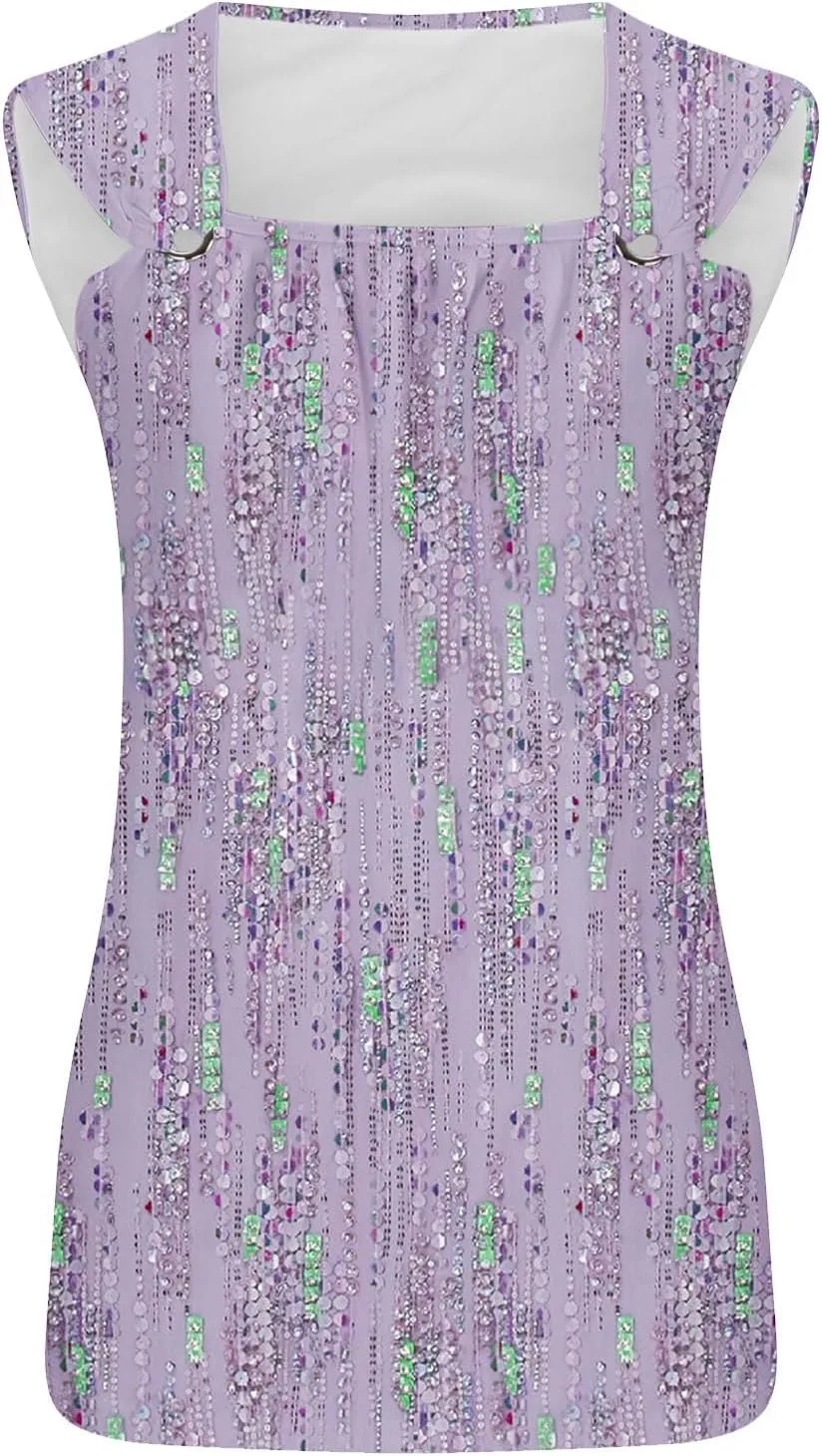 Womens Tank Tops Sleeveless Square Neck Loose Casual Tee Shirt Dressy Floral Printed Pleated Flowy Vacation Tops