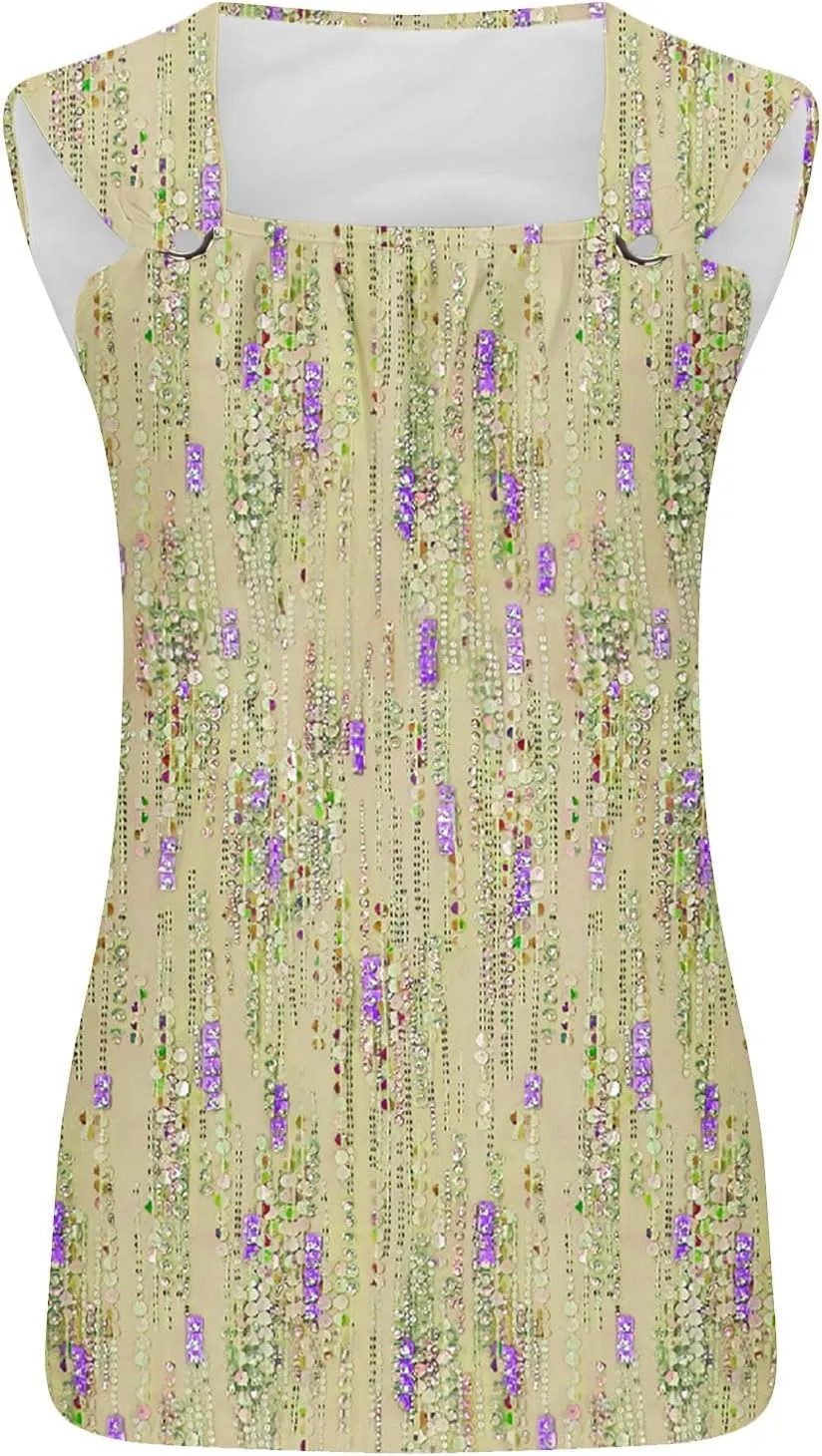 Womens Tank Tops Sleeveless Square Neck Loose Casual Tee Shirt Dressy Floral Printed Pleated Flowy Vacation Tops