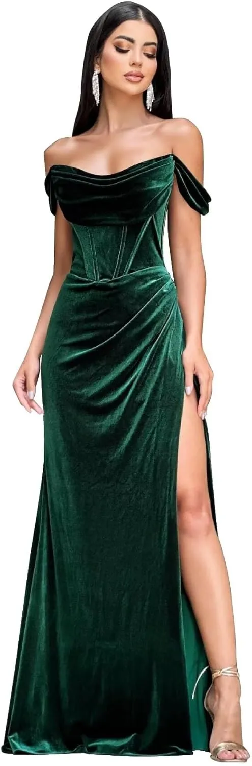 Women's Velvet Prom Dresses Off Shoulder Evening Formal Gowns Long Mermaid Bridesmaid Dress with Slit