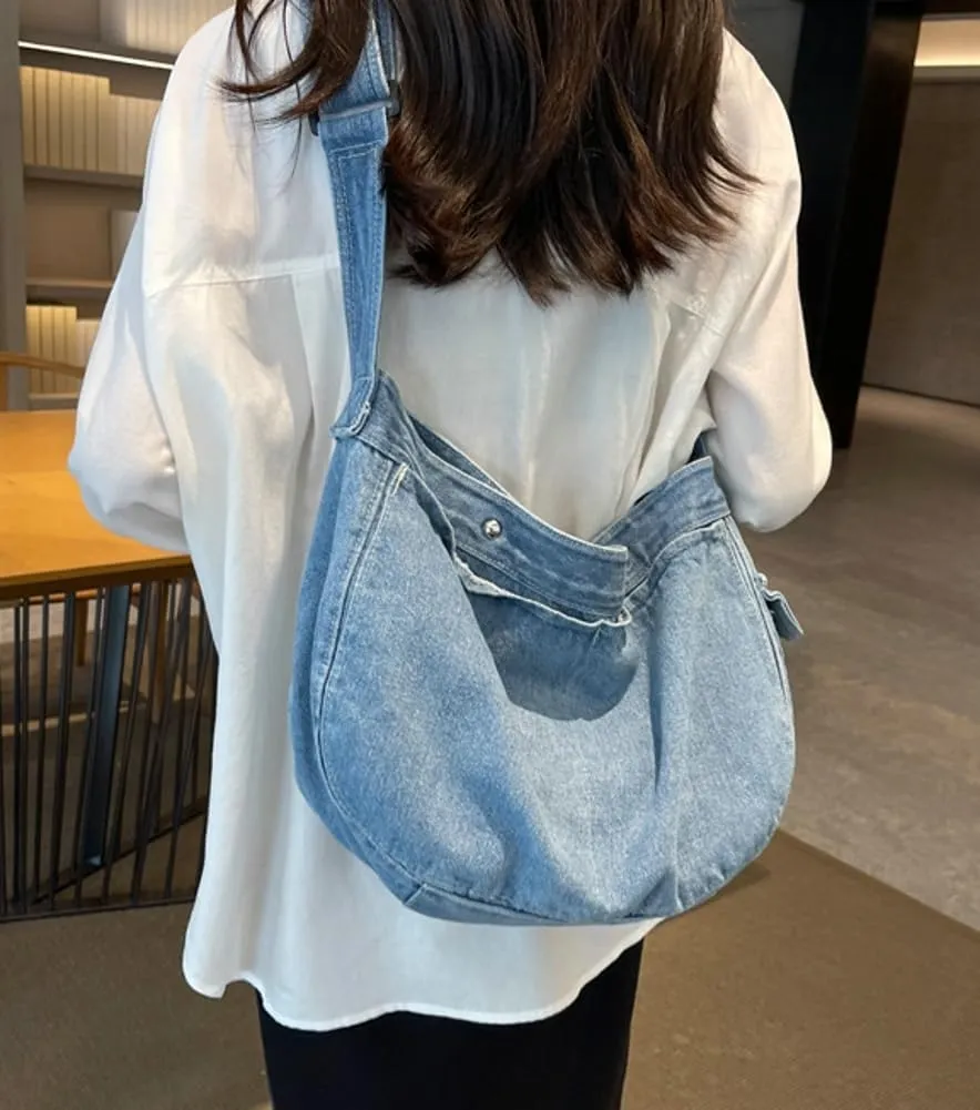 Womens Vintage Shoulder Bags Washed Denim Crossbody Bags Large Tote Purse Handbags Top Handle Satchel Message Bag