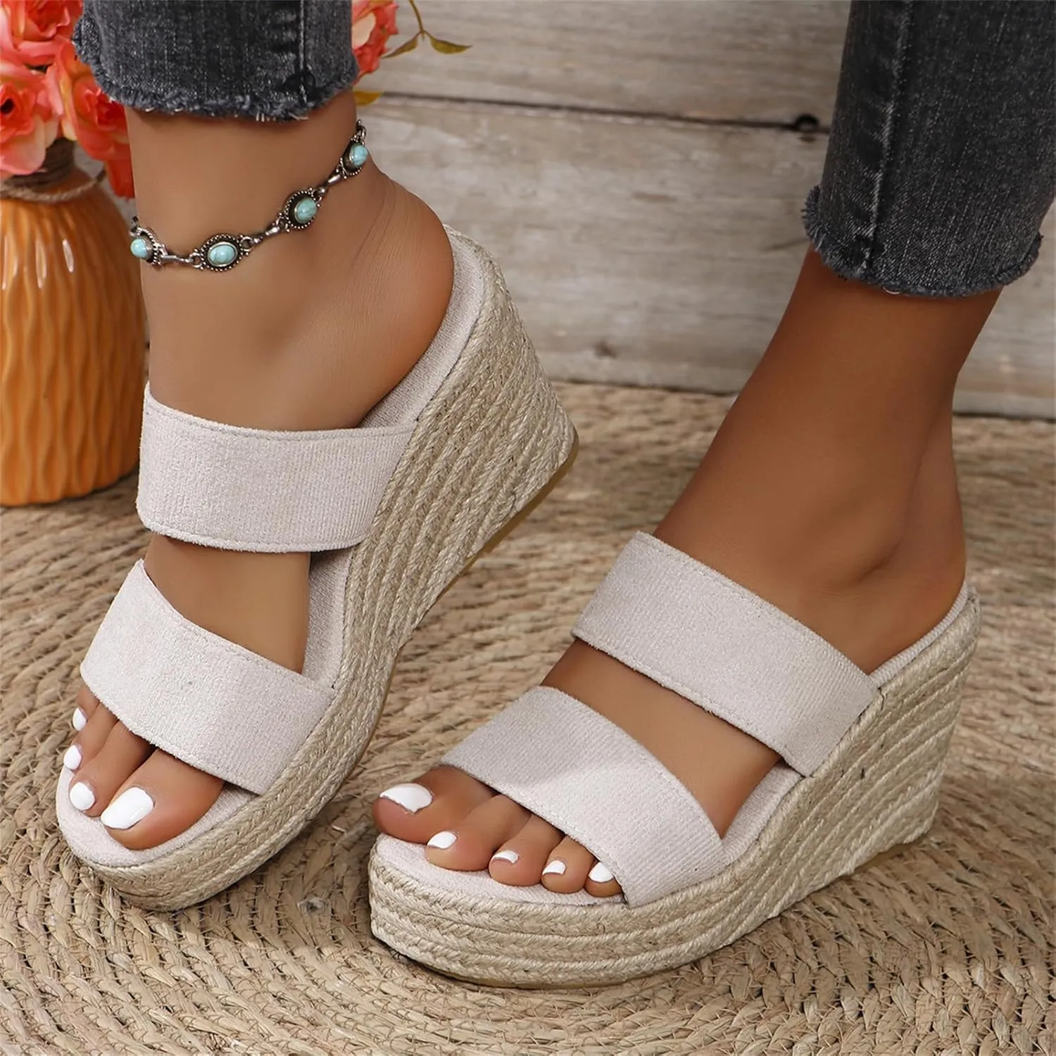 Women's Wedge Sandals Cross Strap Espadrille Platform Ankle Buckle Summer Casual Wedges Sandal High Heel Open Toe Non Slip Soles Concise Fashion Beach Slippers Fishmouth Shoes