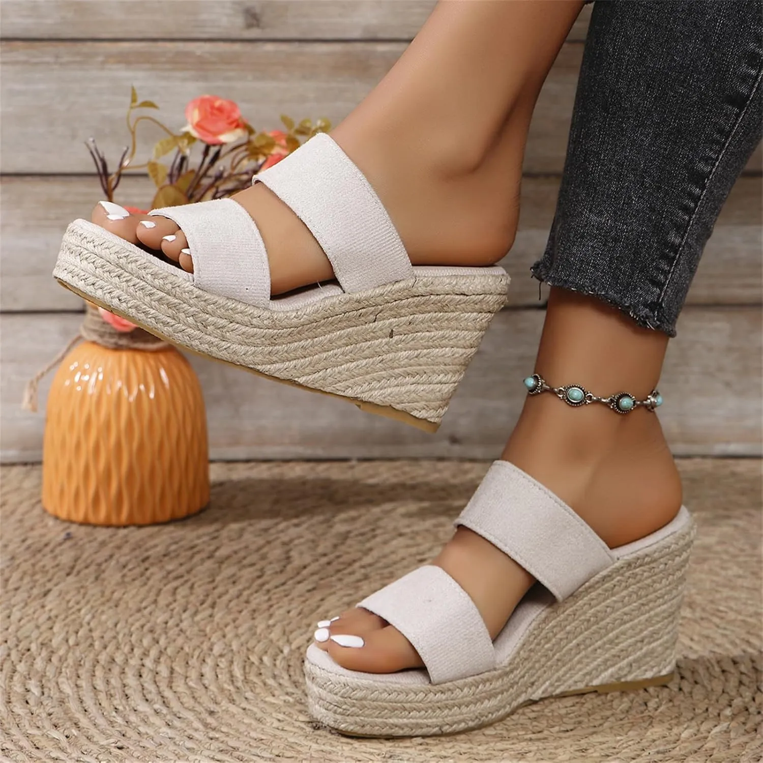 Women's Wedge Sandals Cross Strap Espadrille Platform Ankle Buckle Summer Casual Wedges Sandal High Heel Open Toe Non Slip Soles Concise Fashion Beach Slippers Fishmouth Shoes