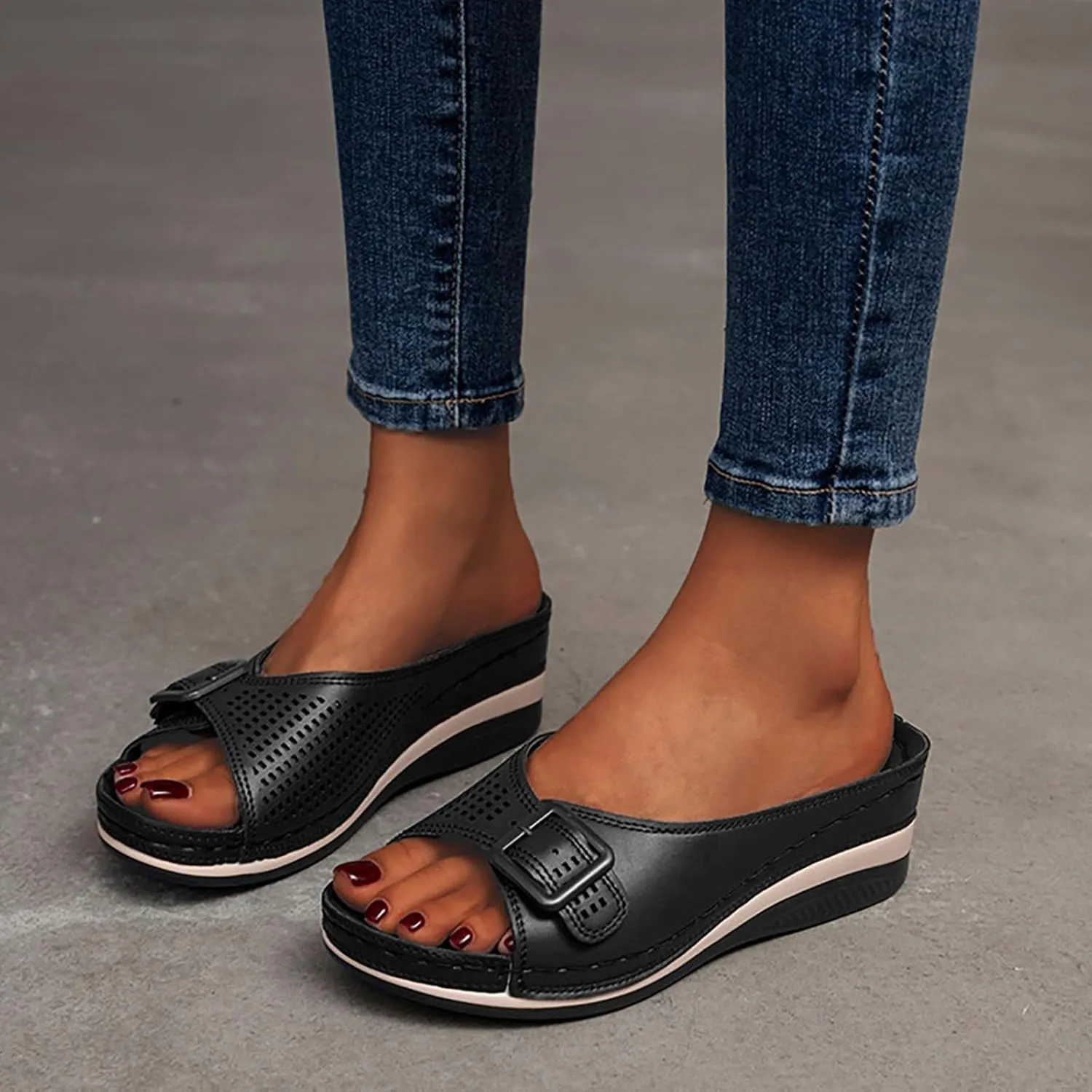 Womens Wedge Sandals Orthopedic Slippers for Women Open Toe Slip On Platform Slippers, Hollow Out Buckle Breathable Sandals Beach Comfortable Platform Wedges