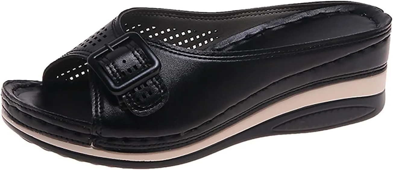 Womens Wedge Sandals Orthopedic Slippers for Women Open Toe Slip On Platform Slippers, Hollow Out Buckle Breathable Sandals Beach Comfortable Platform Wedges