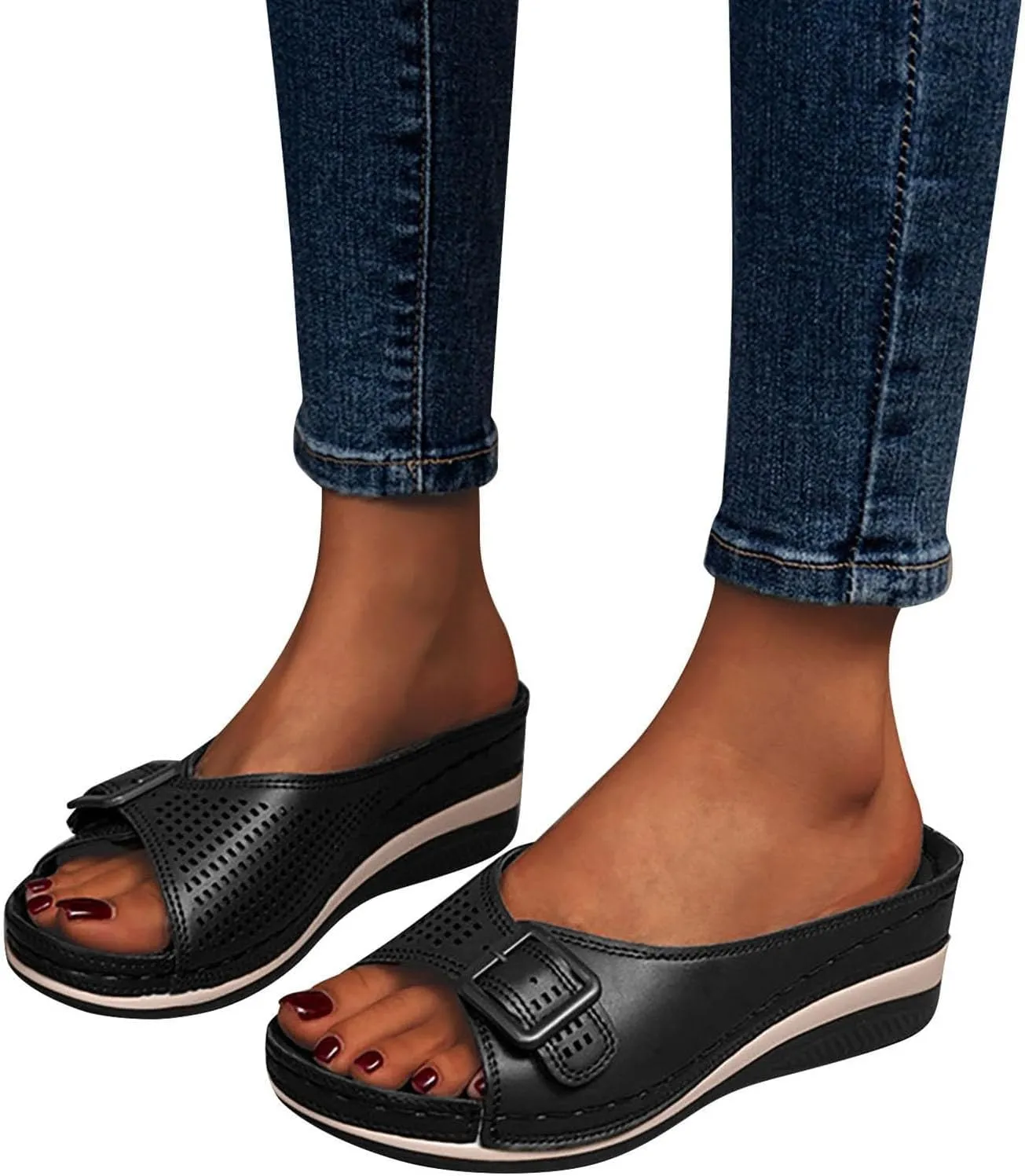 Womens Wedge Sandals Orthopedic Slippers for Women Open Toe Slip On Platform Slippers, Hollow Out Buckle Breathable Sandals Beach Comfortable Platform Wedges
