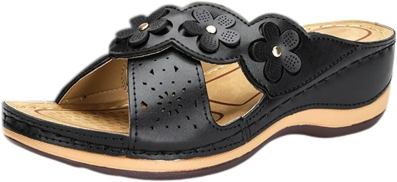 Womens Wedge Sandals Summer Flower Orthopedic Sandals for Women, Comfortable Open Toe Cross Strap Platform Wedges, Casual Slip on Walking Slippers with Arch support