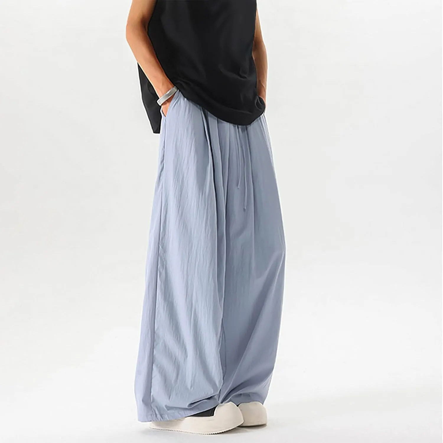 Xiaojmake Mens Linen Harem Pants Elastic Waist Wide Leg Pleated Thai Trousers Drawstrings Lightweight Summer Beach Pant