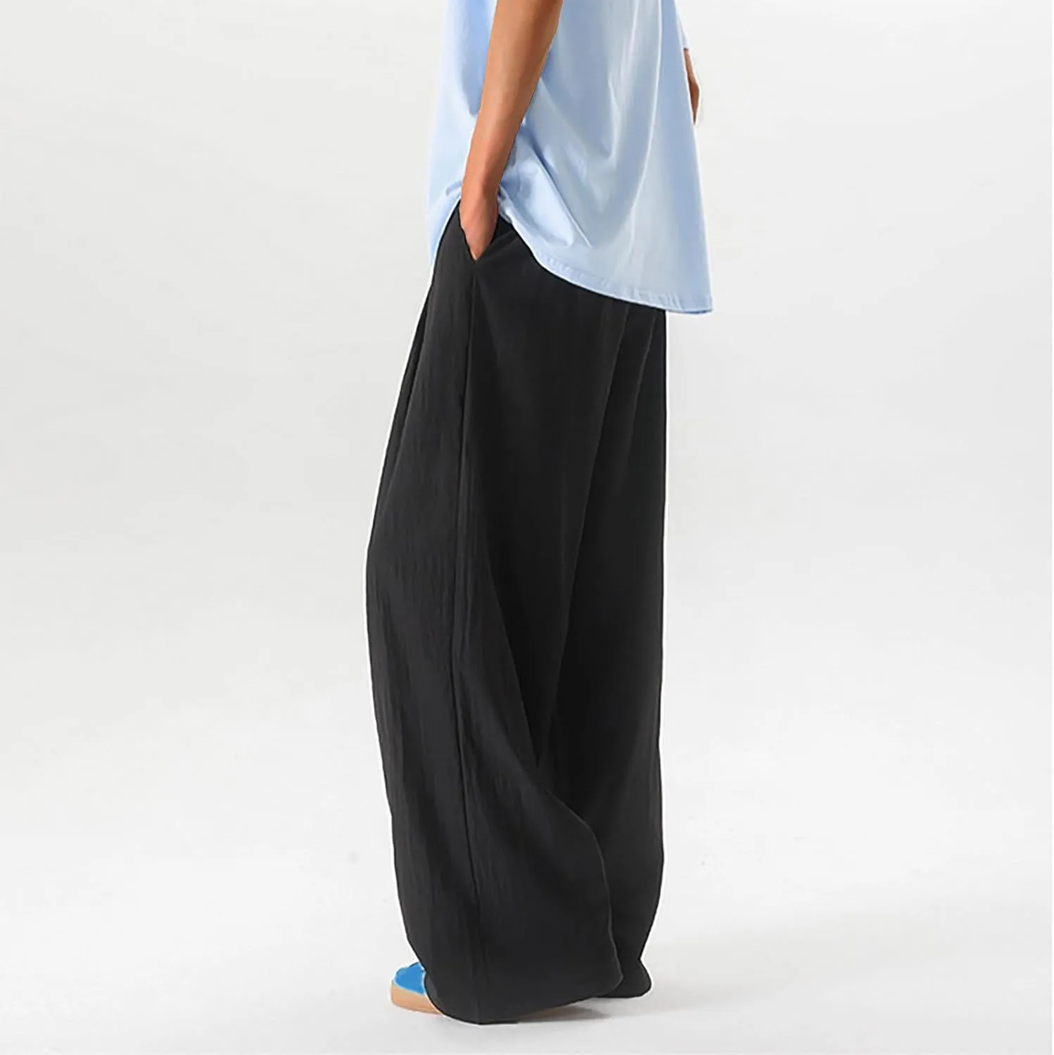 Xiaojmake Mens Linen Harem Pants Elastic Waist Wide Leg Pleated Thai Trousers Drawstrings Lightweight Summer Beach Pant