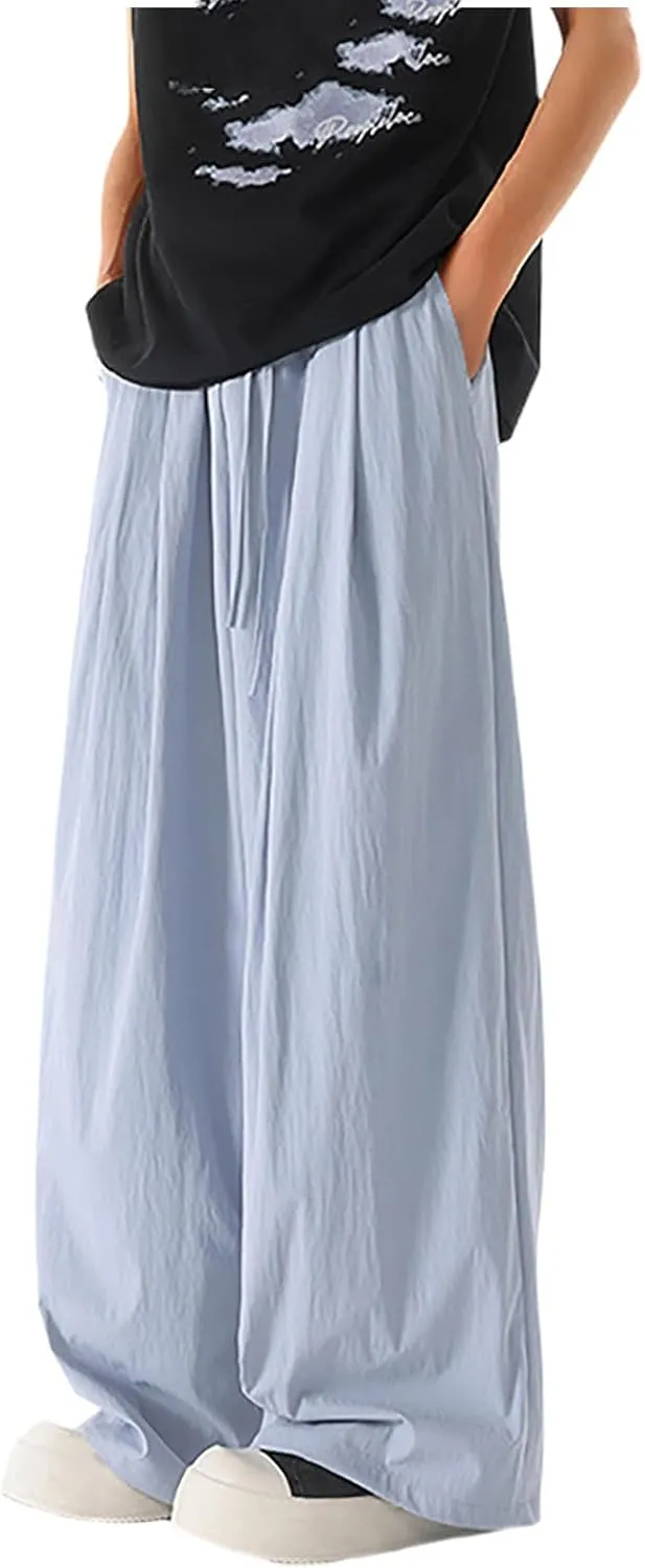 Xiaojmake Mens Linen Harem Pants Elastic Waist Wide Leg Pleated Thai Trousers Drawstrings Lightweight Summer Beach Pant