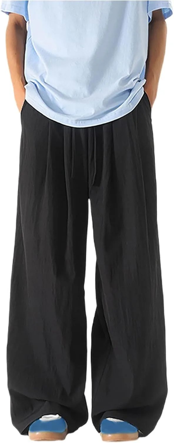 Xiaojmake Mens Linen Harem Pants Elastic Waist Wide Leg Pleated Thai Trousers Drawstrings Lightweight Summer Beach Pant