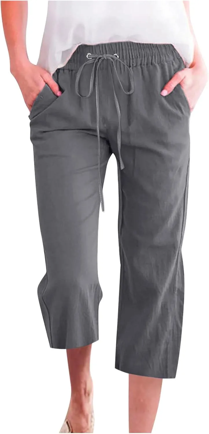 yardsong Capri Pants for Women Cotton Linen Casual Summer Pants Plus Size Drawstring Elastic Waist Capris with Pockets