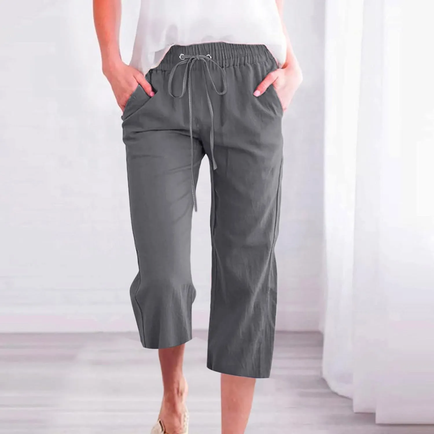 yardsong Capri Pants for Women Cotton Linen Casual Summer Pants Plus Size Drawstring Elastic Waist Capris with Pockets
