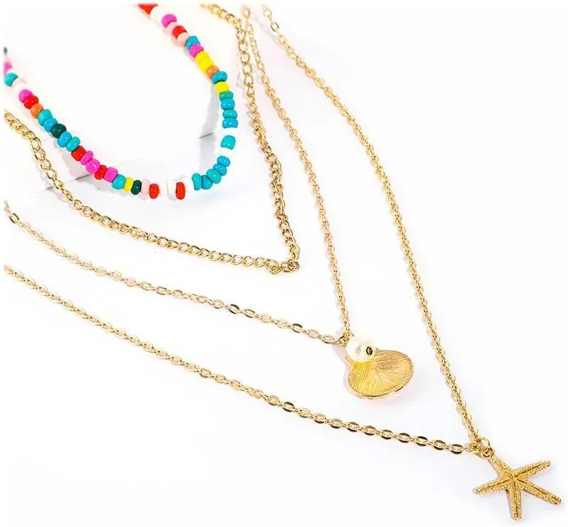 ZMANYIJEW Sea Shell Necklace for Women Gold Shell Pendant Necklace Layered Shell Necklaces Bohemian Starfish Choker Necklaces for Women Summer Necklace for Women